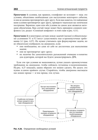 202                                              ТЕОРИЯ ОГРАНИЧЕНИЙ ГОЛДРАТТА

Примечание 1: условия, как правило, в конфликт не вступают — ведь это
условия, объективно необходимые для наступления некоторого события,
и они не должны противоречить друг другу. Если вам кажется, что найденные
вами условия противоречат друг другу, проверьте тщательно все логическое
построение. Вероятно, одно или оба условия на самом деле являются мето-
дами обеспечения. Ваш случай также может быть примером сложного кон-
фликта (см. раздел «Сложный конфликт» в этой главе и рис. 4.11).

Примечание 2: в некоторых случаях между задачей (целью) и обязательны-
ми условиями У1 и У2 могут существовать еще и промежуточные требо-
вания (т) (рис. 4.27). Их нужно учитывать при формулировке задачи, но
не обязательно изображать на диаграмме, если:
      они необходимы, но сами по себе не достаточны для выполнения
      задачи;
      они не противоречат друг другу;
      их наличие без дополнительных разъяснений очевидно и понятно
      для аудитории, которой вы будете демонстрировать ДРК.

   Если эти три условия не выполняются, лучше указать промежуточные
требования на диаграмме, чтобы избежать путаницы и недопонимания.
На рис. 4.27 показано, каким образом это можно сделать. Но делать это
нужно в самом крайнем случае. Старайтесь, чтобы диаграмма выглядела
как можно проще — и чем проще, тем лучше.




                                                               Все ресурсы
                           Быстро восстанавли-
                                                              сосредоточить
                            вать неисправное
                                                          на ремонте неисправ-
                              оборудование
                                                           ного оборудования



   В рабочем состоянии
   всегда находится весь
    парк оборудования



                                                          Все ресурсы сосредото-
                             Предотвращать
                                                             чить на плановом
                           поломки исправного
                                                             техобслуживании
                              оборудования
                                                               оборудования




Рис. 4.26. Определение необходимых условий
 