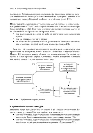 Глава 4. Диаграмма разрешения конфликтов                                      207

построение. Вероятно, одно или оба условия на самом деле являются мето-
дами обеспечения. Ваш случай также может быть примером сложного кон-
фликта (см. раздел «Сложный конфликт» в этой главе и рис. 4.11).

Примечание 2: в некоторых случаях между задачей (целью) и обязательны-
ми требованиями У1 и У2 могут существовать еще и промежуточные тре-
бования (т) (рис. 4.32). Их нужно учитывать при формулировке задачи, но
не обязательно изображать на диаграмме, если:
      они необходимы, но сами по себе не достаточны для выполнения
      задачи;
      они не противоречат друг другу;
      их наличие без дополнительных разъяснений очевидно и понятно
      для аудитории, которой вы будете демонстрировать ДРК.

   Если эти три условия не выполняются, лучше отразить промежуточные
требования на диаграмме, чтобы избежать путаницы и недопонимания.
На рис. 4.32 показано, каким образом это можно сделать. Но делать это
нужно в самом крайнем случае. Старайтесь, чтобы диаграмма выглядела
как можно проще — и чем проще, тем лучше.

                              (У1)                              Все ресурсы     (М1)
                                     Быстро восстанавли-
                                                               сосредоточить
                                      вать неисправное
                                                           на ремонте неисправ-
                                        оборудование
                                                            ного оборудования



      В рабочем состоянии
(З)   всегда находится весь
       парк оборудования



                              (У2)                         Все ресурсы сосредото-
                                       Предотвращать
                                                              чить на плановом
                                     поломки исправного
                                                              техобслуживании
                                        оборудования
                                                                оборудования
                                                                                (М2)
Рис. 4.31. Определение второго условия


6. Проверьте логические связи ДРК
Прочтите вслух всю диаграмму от задачи и до методов обеспечения, ис-
пользуя конструкцию «Для того чтобы... мы должны...».
     Для того чтобы весь парк оборудования всегда был в рабочем состоянии (З),
     мы должны быстро восстанавливать неисправное оборудование (У1).
     Для того чтобы весь парк оборудования всегда был в рабочем состоянии (З),
     мы должны предотвращать поломки исправного оборудования (У2).
 