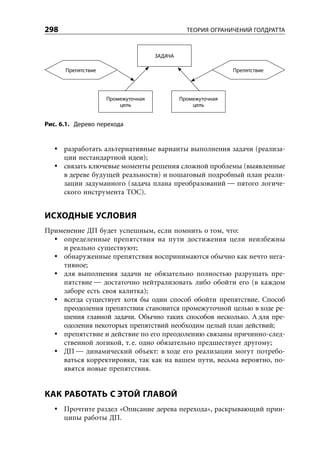 298                                            ТЕОРИЯ ОГРАНИЧЕНИЙ ГОЛДРАТТА



                                    ЗАДАЧА

      Препятствие                                            Препятствие




                    Промежуточная            Промежуточная
                        цель                     цель


Рис. 6.1. Дерево перехода


      разработать альтернативные варианты выполнения задачи (реализа-
      ции нестандартной идеи);
      связать ключевые моменты решения сложной проблемы (выявленные
      в дереве будущей реальности) и пошаговый подробный план реали-
      зации задуманного (задача плана преобразований — пятого логиче-
      ского инструмента ТОС).


ИСХОДНЫЕ УСЛОВИЯ
Применение ДП будет успешным, если помнить о том, что:
    определенные препятствия на пути достижения цели неизбежны
    и реально существуют;
    обнаруженные препятствия воспринимаются обычно как нечто нега-
    тивное;
    для выполнения задачи не обязательно полностью разрушать пре-
    пятствие — достаточно нейтрализовать либо обойти его (в каждом
    заборе есть своя калитка);
    всегда существует хотя бы один способ обойти препятствие. Способ
    преодоления препятствия становится промежуточной целью в ходе ре-
    шения главной задачи. Обычно таких способов несколько. А для пре-
    одоления некоторых препятствий необходим целый план действий;
    препятствие и действие по его преодолению связаны причинно-след-
    ственной логикой, т. е. одно обязательно предшествует другому;
    ДП — динамический объект: в ходе его реализации могут потребо-
    ваться корректировки, так как на вашем пути, весьма вероятно, по-
    явятся новые препятствия.


КАК РАБОТАТЬ С ЭТОЙ ГЛАВОЙ
      Прочтите раздел «Описание дерева перехода», раскрывающий прин-
      ципы работы ДП.
 