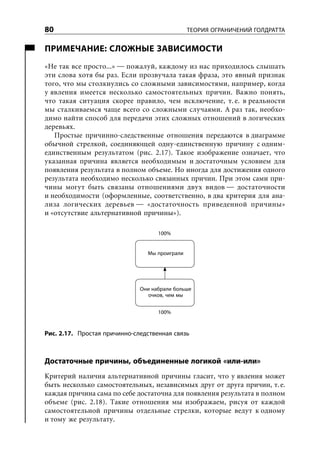 80                                             ТЕОРИЯ ОГРАНИЧЕНИЙ ГОЛДРАТТА


ПРИМЕЧАНИЕ: СЛОЖНЫЕ ЗАВИСИМОСТИ
«Не так все просто...» — пожалуй, каждому из нас приходилось слышать
эти слова хотя бы раз. Если прозвучала такая фраза, это явный признак
того, что мы столкнулись со сложными зависимостями, например, когда
у явления имеется несколько самостоятельных причин. Важно понять,
что такая ситуация скорее правило, чем исключение, т. е. в реальности
мы сталкиваемся чаще всего со сложными случаями. А раз так, необхо-
димо найти способ для передачи этих сложных отношений в логических
деревьях.
   Простые причинно-следственные отношения передаются в диаграмме
обычной стрелкой, соединяющей одну-единственную причину с одним-
единственным результатом (рис. 2.17). Такое изображение означает, что
указанная причина является необходимым и достаточным условием для
появления результата в полном объеме. Но иногда для достижения одного
результата необходимо несколько связанных причин. При этом сами при-
чины могут быть связаны отношениями двух видов — достаточности
и необходимости (оформленные, соответственно, в два критерия для ана-
лиза логических деревьев — «достаточность приведенной причины»
и «отсутствие альтернативной причины»).

                                    100%


                                Мы проиграли




                              Они набрали больше
                                 очков, чем мы


                                    100%


Рис. 2.17. Простая причинно-следственная связь



Достаточные причины, объединенные логикой «или-или»
Критерий наличия альтернативной причины гласит, что у явления может
быть несколько самостоятельных, независимых друг от друга причин, т. е.
каждая причина сама по себе достаточна для появления результата в полном
объеме (рис. 2.18). Такие отношения мы изображаем, рисуя от каждой
самостоятельной причины отдельные стрелки, которые ведут к одному
и тому же результату.
 