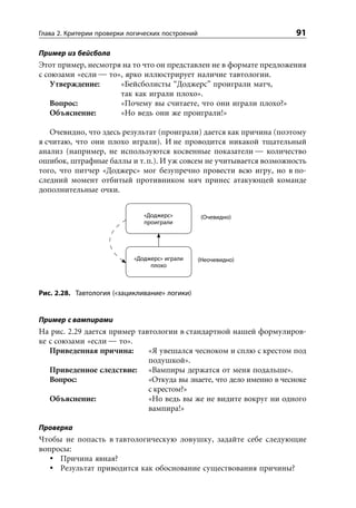 Глава 2. Критерии проверки логических построений                       91

Пример из бейсбола
Этот пример, несмотря на то что он представлен не в формате предложения
с союзами «если — то», ярко иллюстрирует наличие тавтологии.
    Утверждение:     «Бейсболисты “Доджерс” проиграли матч,
                     так как играли плохо».
    Вопрос:          «Почему вы считаете, что они играли плохо?»
    Объяснение:      «Но ведь они же проиграли!»

   Очевидно, что здесь результат (проиграли) дается как причина (поэтому
я считаю, что они плохо играли). И не проводится никакой тщательный
анализ (например, не используются косвенные показатели — количество
ошибок, штрафные баллы и т. п.). И уж совсем не учитывается возможность
того, что питчер «Доджерс» мог безупречно провести всю игру, но в по-
следний момент отбитый противником мяч принес атакующей команде
дополнительные очки.


                               «Доджерс»            (Очевидно)
                               проиграли




                            «Доджерс» играли       (Неочевидно)
                                 плохо



Рис. 2.28. Тавтология («зацикливание» логики)


Пример с вампирами
На рис. 2.29 дается пример тавтологии в стандартной нашей формулиров-
ке с союзами «если — то».
   Приведенная причина:       «Я увешался чесноком и сплю с крестом под
                              подушкой».
   Приведенное следствие: «Вампиры держатся от меня подальше».
   Вопрос:                    «Откуда вы знаете, что дело именно в чесноке
                              с крестом?»
   Объяснение:                «Но ведь вы же не видите вокруг ни одного
                              вампира!»

Проверка
Чтобы не попасть в тавтологическую ловушку, задайте себе следующие
вопросы:
     Причина явная?
     Результат приводится как обоснование существования причины?
 