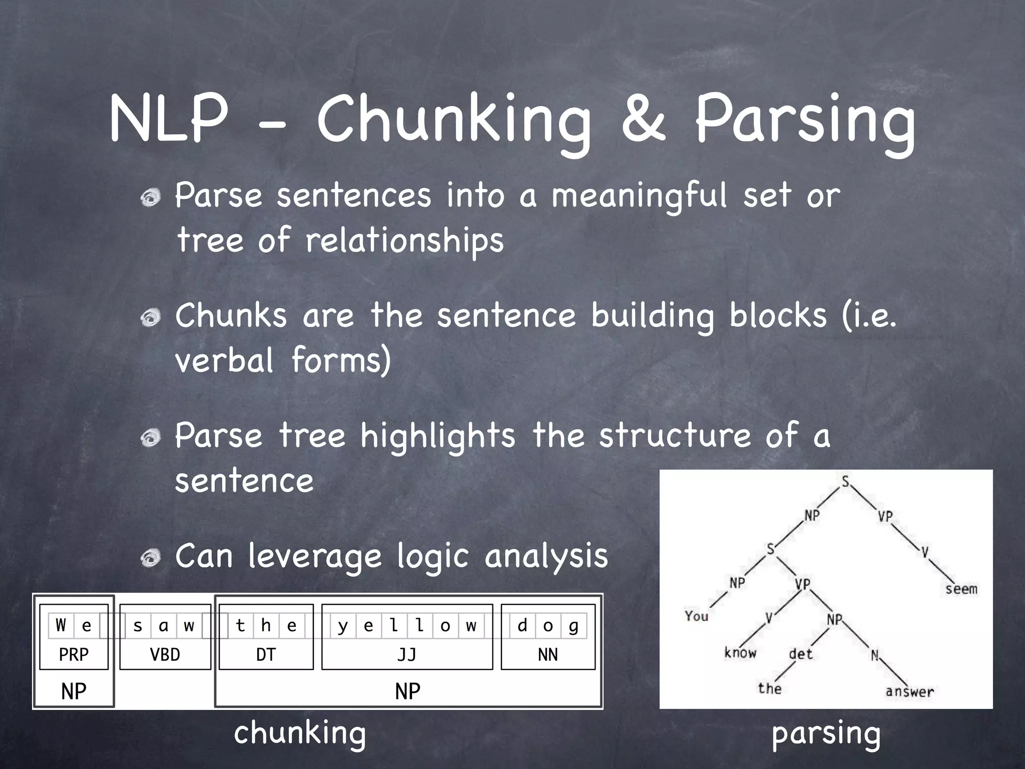 NLP - Chunking & Parsing
 Parse sentences into a meaningful set or
 tree of relationships

 Chunks are the sentence building blocks (i.e.
 verbal forms)

 Parse tree highlights the structure of a
 sentence

 Can leverage logic analysis



    chunking                          parsing
 