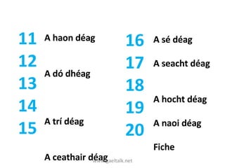 www.gaeltalk.net 11 12 13 14 15 A haon déag A dó dhéag A trí déag A ceathair déag A cúig déag A sé déag A seacht déag A hocht déag A naoi déag Fiche 16 17 18 19 20 