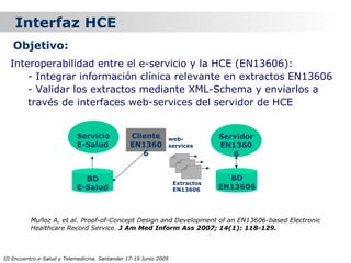 Interfaz HCE
   Objetivo:
  Interoperabilidad entre el e-servicio y la HCE (EN13606):
      - Integrar información clínica relevante en extractos EN13606
      - Validar los extractos mediante XML-Schema y enviarlos a
      través de interfaces web-services del servidor de HCE


                            Servicio             Cliente           web-         Servidor
                            E-Salud              EN1360            services     EN1360
                                                    6                              6


                              BD                                                  BD
                                                                    Extractos
                            E-Salud                                 EN13606     EN13606



          Muñoz A, et al. Proof-of-Concept Design and Development of an EN13606-based Electronic
          Healthcare Record Service. J Am Med Inform Ass 2007; 14(1): 118-129.



III Encuentro e-Salud y Telemedicina. Santander 17-19 Junio 2009
 