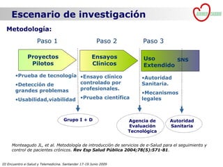 Escenario de investigación
  Metodología:
                     Paso 1                              Paso 2         Paso 3

               Proyectos                              Ensayos           Uso       SNS
                Pilotos                               Clínicos          Extendido
        •Prueba de tecnología •Ensayo clínico                           •Autoridad
        •Detección de         controlado por                            Sanitaria.
        grandes problemas     profesionales.
                                                                        •Mecanismos
        •Usabilidad,viabilidad •Prueba científica                       legales



                                     Grupo I + D                   Agencia de     Autoridad
                                                                   Evaluación     Sanitaria
                                                                   Tecnológica


     Monteagudo JL, et al. Metodología de introducción de servicios de e-Salud para el seguimiento y
     control de pacientes crónicos. Rev Esp Salud Pública 2004;78(5):571-81.


III Encuentro e-Salud y Telemedicina. Santander 17-19 Junio 2009
 