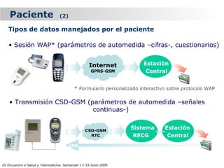 Paciente                      (2)

   Tipos de datos manejados por el paciente

   • Sesión WAP* (parámetros de automedida –cifras-, cuestionarios)


                                                    Internet           Estación
                                                     GPRS-GSM           Central


                                           * Formulario personalizado interactivo sobre protocolo WAP

    • Transmisión CSD-GSM (parámetros de automedida –señales
                            continuas-)


                                                  CSD-GSM
                                                                   Sistema      Estación
                                                    RTC             RECG         Central
                                        SMS



III Encuentro e-Salud y Telemedicina. Santander 17-19 Junio 2009
 