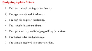 Designing a plate fixture
1. The part is rough casting approximately.
2. The approximate wall thickness .
3. The part has no prior machining.
4. The material is cast aluminum.
5. The operation required is to gang milling the surface.
6. The fixture is for production run.
7. The blank is received in it cast condition .
 