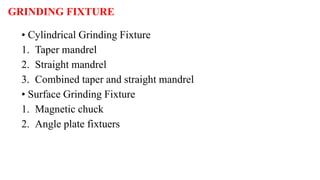 GRINDING FIXTURE
• Cylindrical Grinding Fixture
1. Taper mandrel
2. Straight mandrel
3. Combined taper and straight mandrel
• Surface Grinding Fixture
1. Magnetic chuck
2. Angle plate fixtuers
 