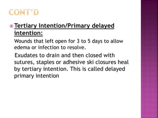  Tertiary Intention/Primary delayed
intention:
Wounds that left open for 3 to 5 days to allow
edema or infection to resolve.
Exudates to drain and then closed with
sutures, staples or adhesive ski closures heal
by tertiary intention. This is called delayed
primary intention
 