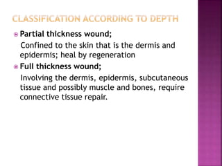  Partial thickness wound;
Confined to the skin that is the dermis and
epidermis; heal by regeneration
 Full thickness wound;
Involving the dermis, epidermis, subcutaneous
tissue and possibly muscle and bones, require
connective tissue repair.
 