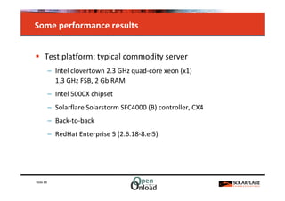 Some performance results


      Test platform: typical commodity server
           – Intel clovertown 2.3 GHz quad-core xeon (x1)
             1.3 GHz FSB, 2 Gb RAM
           – Intel 5000X chipset
           – Solarflare Solarstorm SFC4000 (B) controller, CX4
           – Back-to-back
           – RedHat Enterprise 5 (2.6.18-8.el5)




Slide 88
 