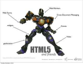 Text
HTML5
Web Workers
Canvas
Cross Document Messaging
Web Forms
Video
HTML5
and friends
http://www.flickr.com/photos/fuyoh/809640616/sizes/o/
widgets
geolocation
Thursday, November 4, 2010
 