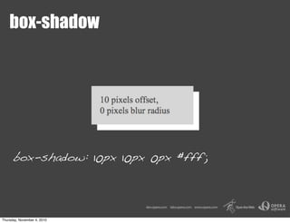 box-shadow
box-shadow: 10px 10px 0px #fff;
Thursday, November 4, 2010
 