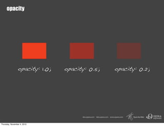 opacity
opacity: 1.0; opacity: 0.2;
opacity: 0.5;
Thursday, November 4, 2010
 