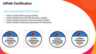 https://academy.uipath.com/certification
• UiPath Certified RPA Associate (UiRPA)
• UiPath Certified Advanced RPA Developer (UiARD)
• UiPath Certified Automation Business Analyst (UiABA)
• UiPath Certified Professional Specialized AI Professional
UiPath Certification
 