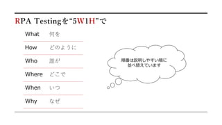 RPA Testingを“5W1H”で
What 何を
How どのように
Who 誰が
Where どこで
When いつ
Why なぜ
順番は説明しやすい順に
並べ替えています
 