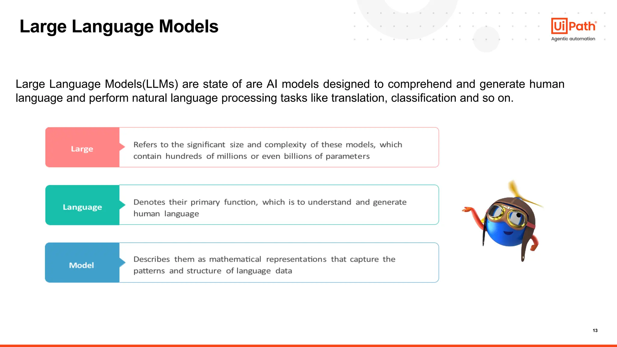 13
Large Language Models
Large Language Models(LLMs) are state of are AI models designed to comprehend and generate human
language and perform natural language processing tasks like translation, classification and so on.
 