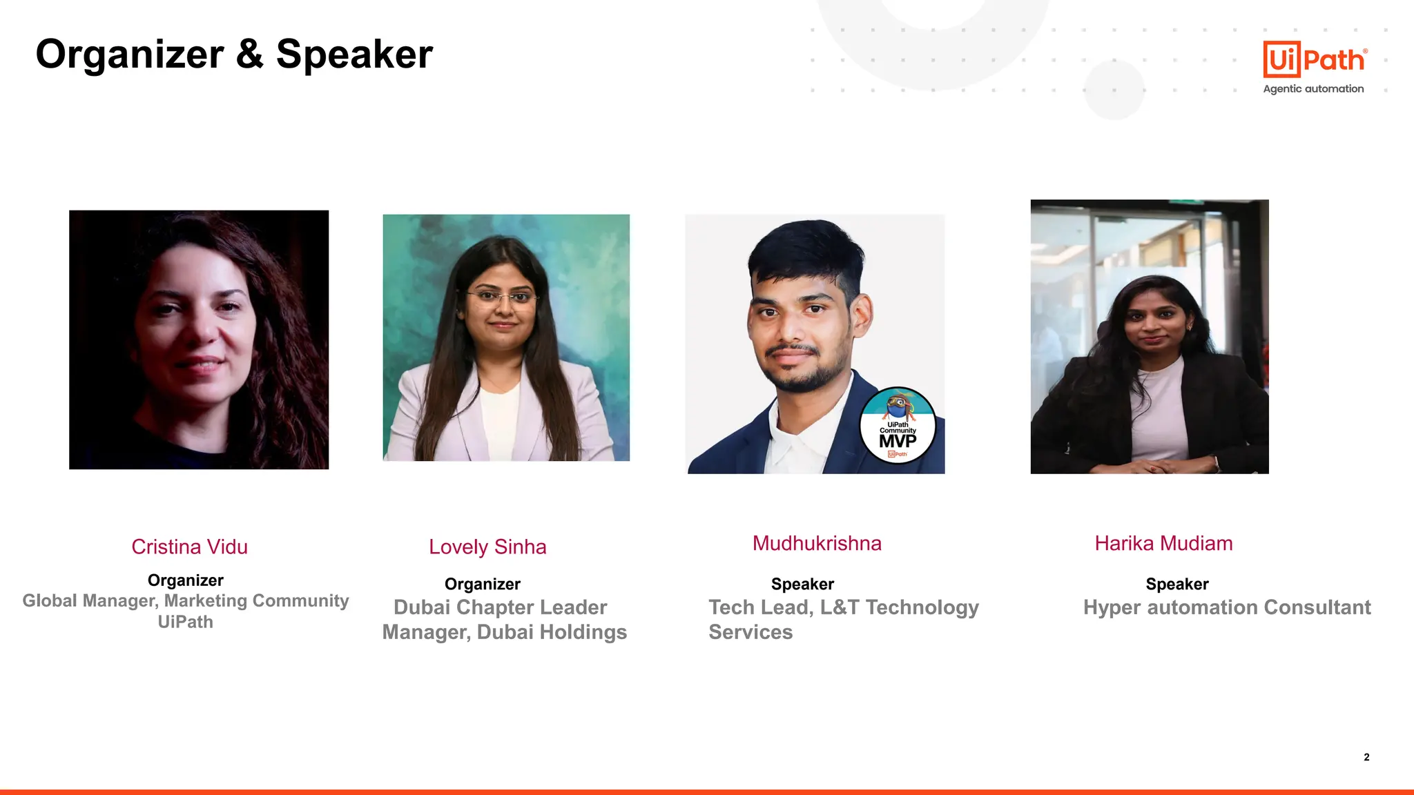 2
Organizer & Speaker
Lovely Sinha
Cristina Vidu
Organizer
Dubai Chapter Leader
Manager, Dubai Holdings
Organizer
Global Manager, Marketing Community
UiPath
Mudhukrishna
Speaker
Tech Lead, L&T Technology
Services
Harika Mudiam
Speaker
Hyper automation Consultant
 