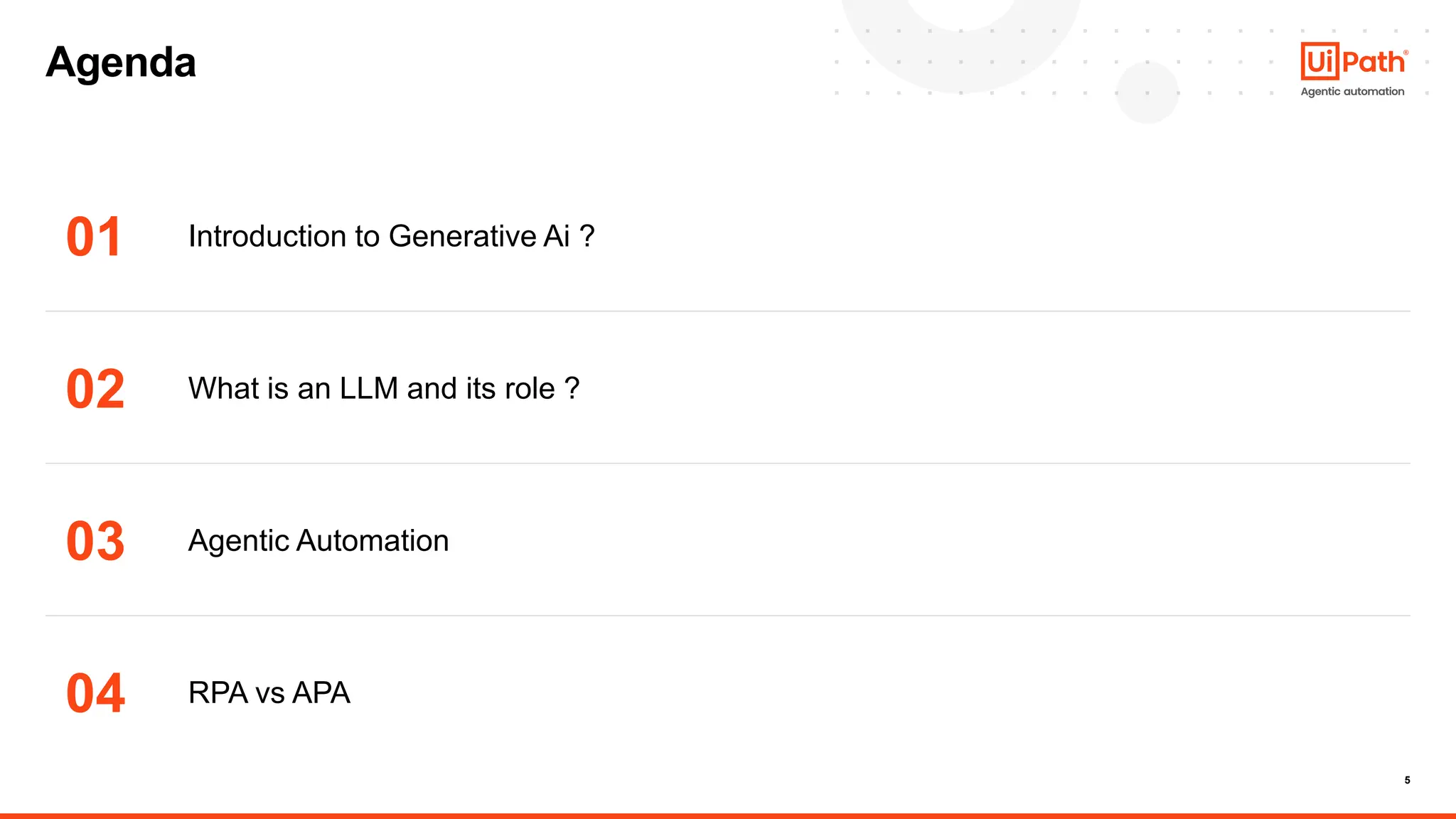 5
Agenda
01
02
03
04
Introduction to Generative Ai ?
What is an LLM and its role ?
Agentic Automation
RPA vs APA
 