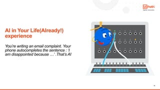 10
AI in Your Life(Already!)
experience
You’re writing an email complaint. Your
phone autocompletes the sentence : ‘I
am disappointed because …’ .That’s AI
 
