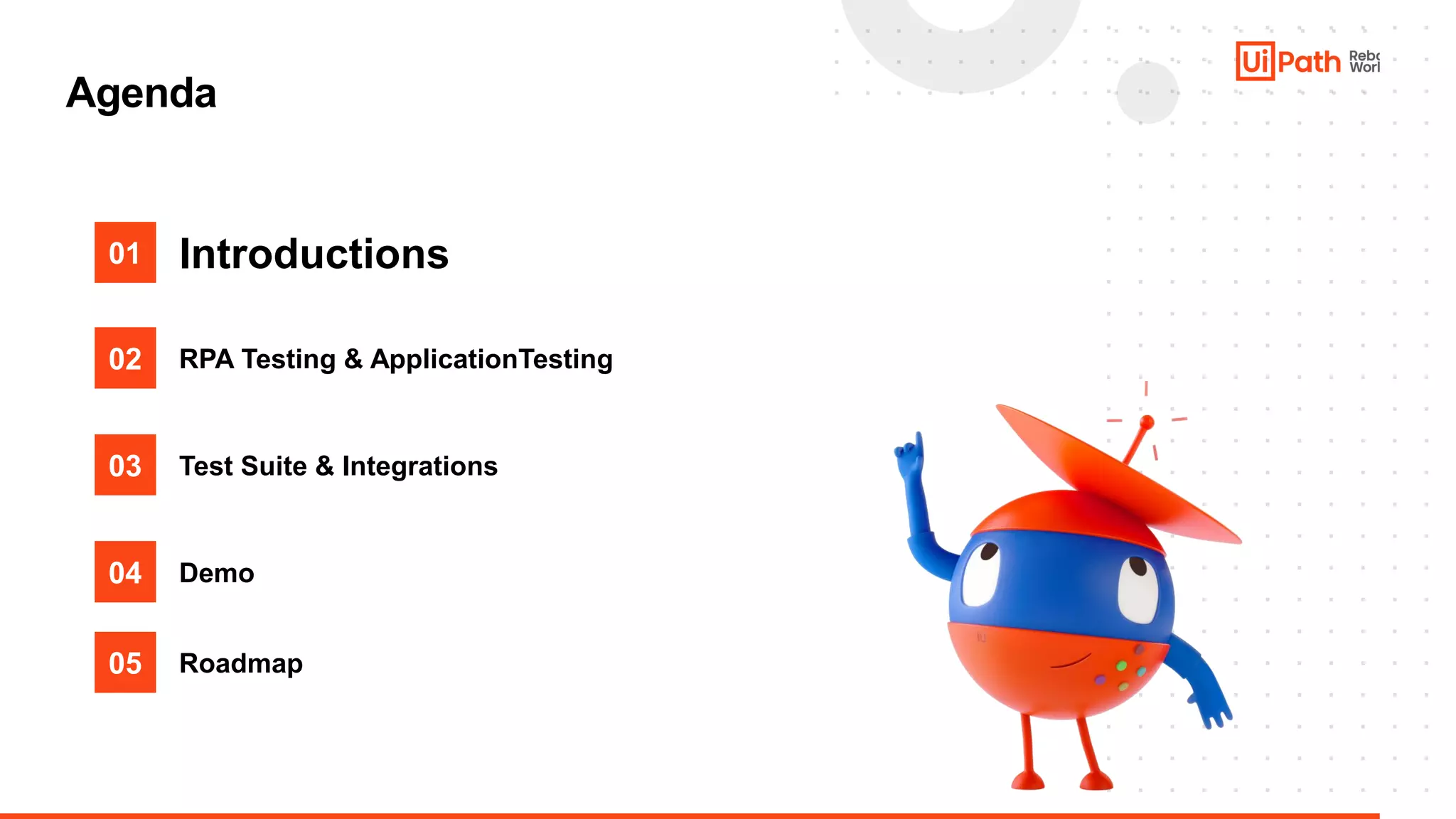 13
Agenda
Introductions
01
02 RPA Testing & ApplicationTesting
03 Test Suite & Integrations
04 Demo
05 Roadmap
 
