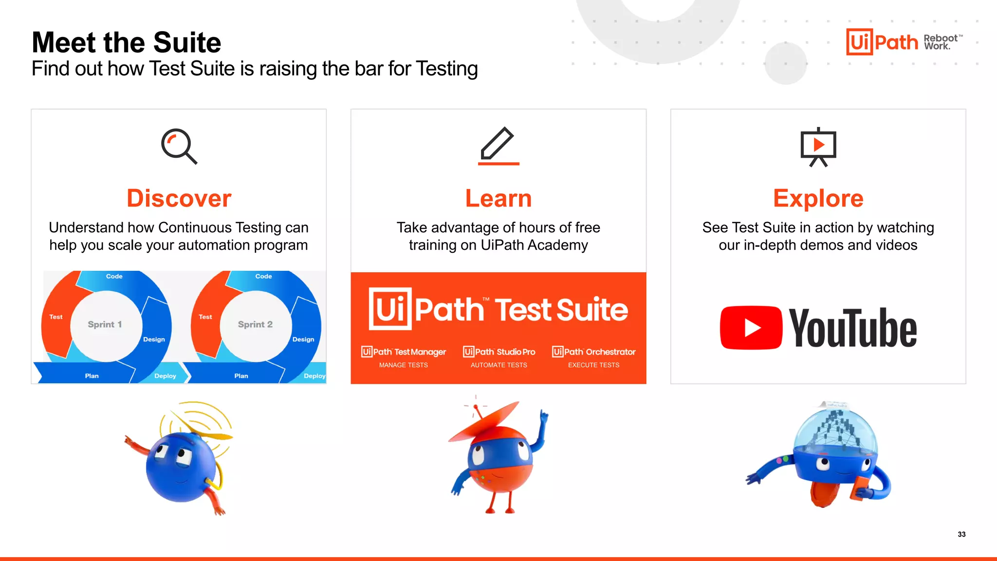 33
Meet the Suite
Find out how Test Suite is raising the bar for Testing
Discover Learn Explore
Understand how Continuous Testing can
help you scale your automation program
Take advantage of hours of free
training on UiPath Academy
See Test Suite in action by watching
our in-depth demos and videos
MANAGE TESTS AUTOMATE TESTS EXECUTE TESTS
 