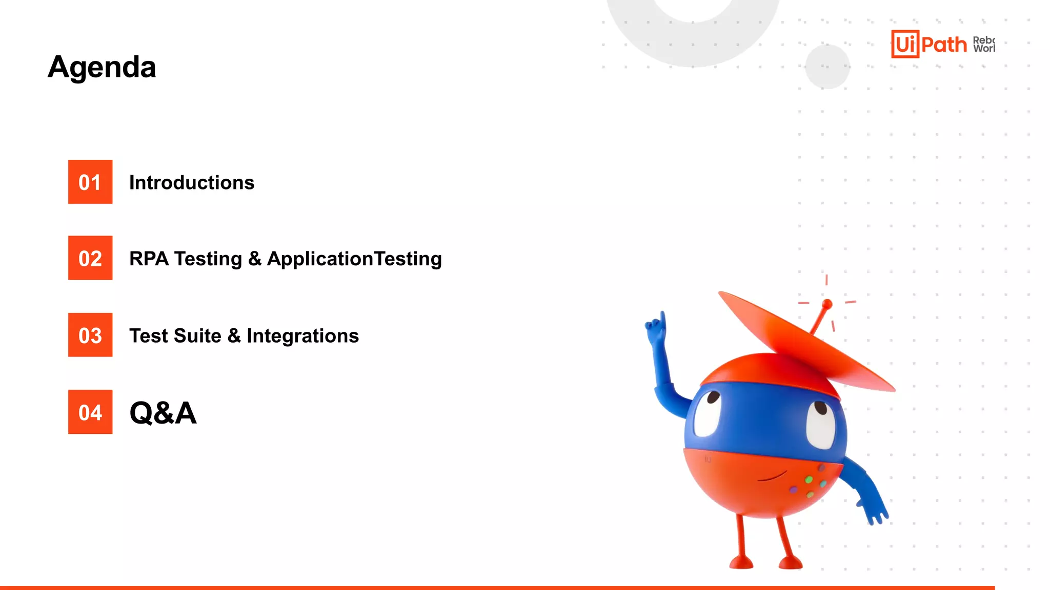 35
Agenda
Introductions
01
02 RPA Testing & ApplicationTesting
03 Test Suite & Integrations
04 Q&A
 