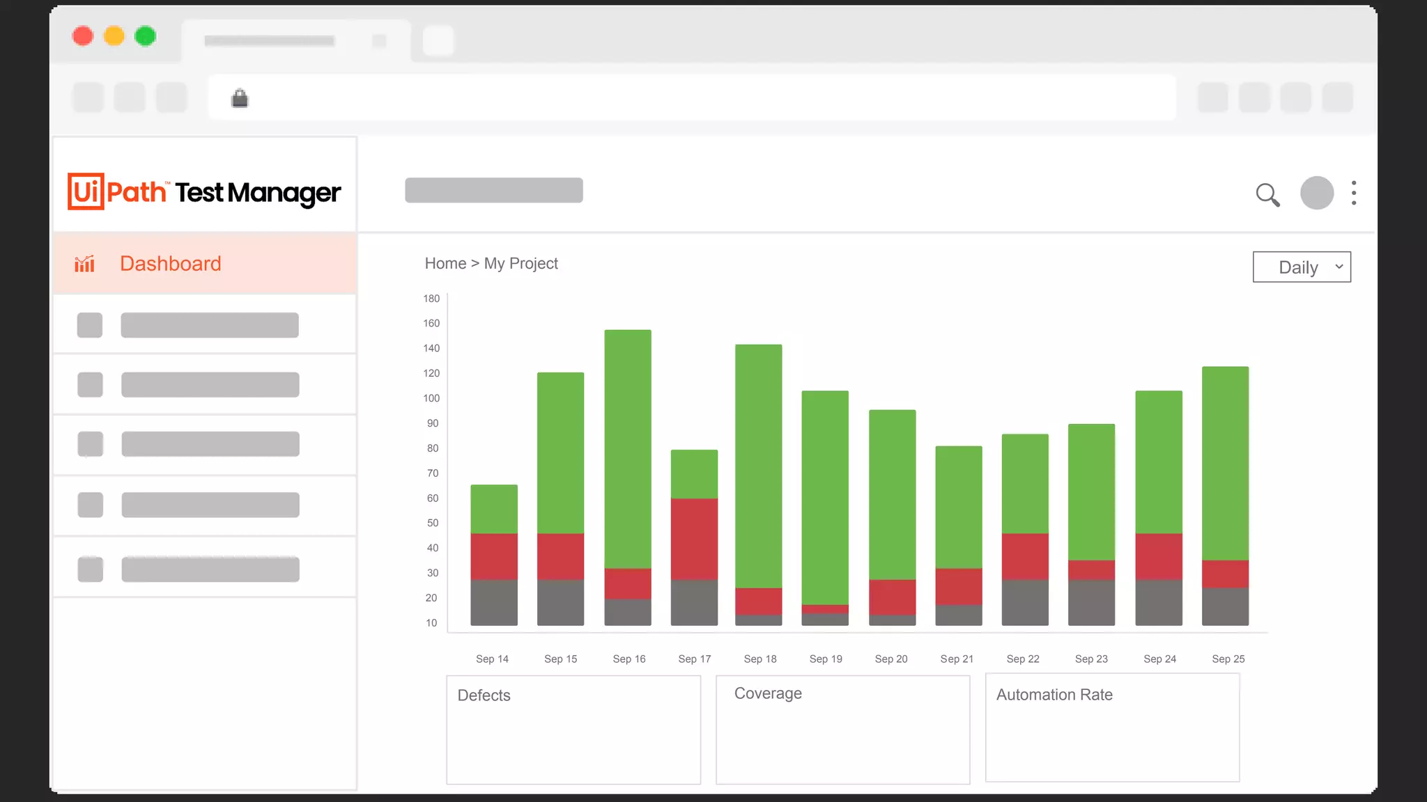 40
Dashboard
https://cloud.uipath.com/test-manager
Home > My Project
180
160
140
120
100
90
80
70
60
50
40
30
20
10
Sep 14 Sep 15 Sep 16 Sep 17 Sep 18 Sep 19 Sep 20 Sep 21 Sep 22 Sep 23 Sep 24 Sep 25
Daily
Defects Coverage Automation Rate
 