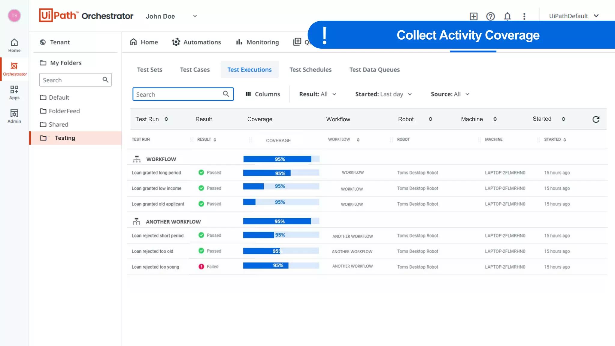 Test Run Result Coverage Workflow Robot Machine Started
John Doe
Testing
Collect Activity Coverage
 