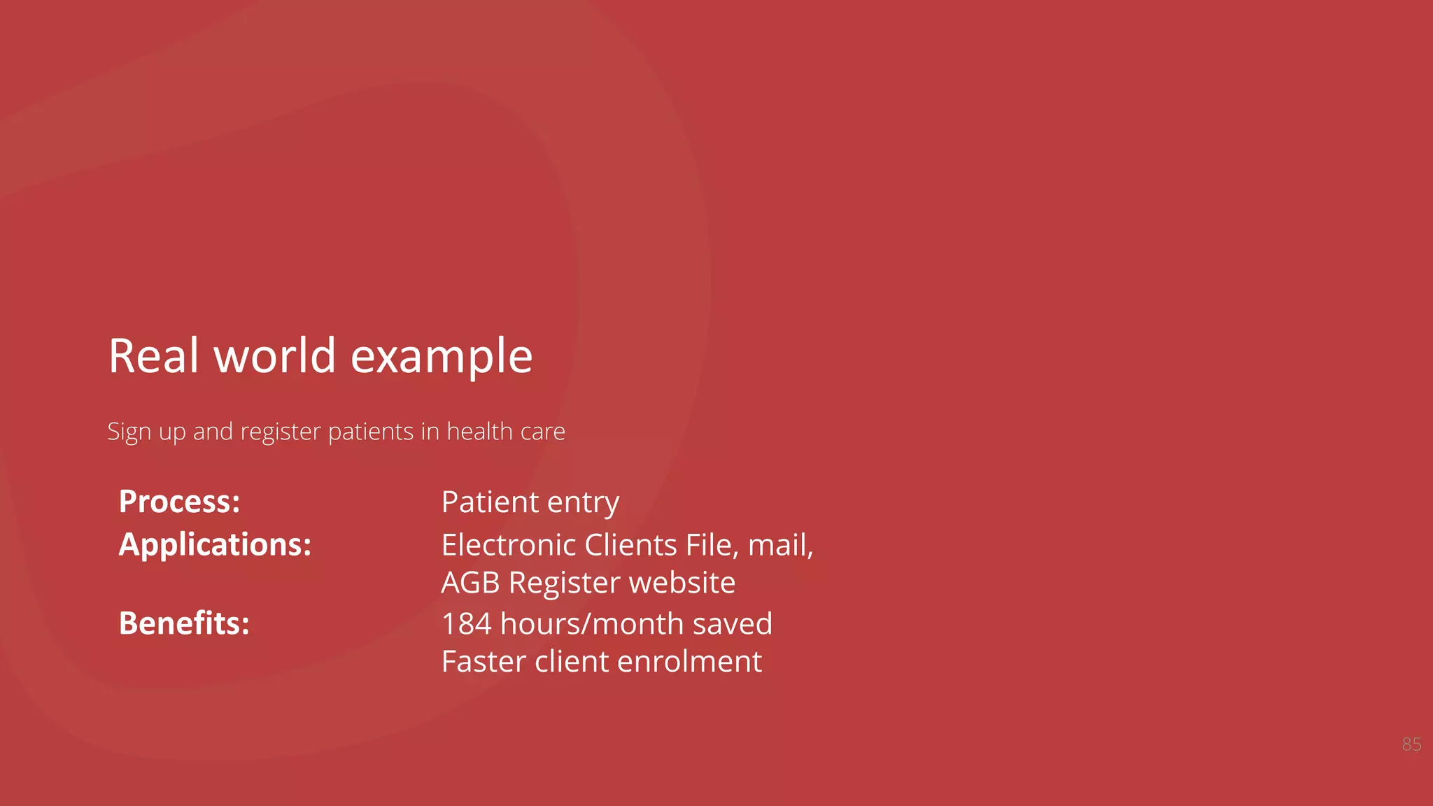 Real world example
Sign up and register patients in health care
85
Process: Patient entry
Applications: Electronic Clients File, mail,
AGB Register website
Benefits: 184 hours/month saved
Faster client enrolment
 