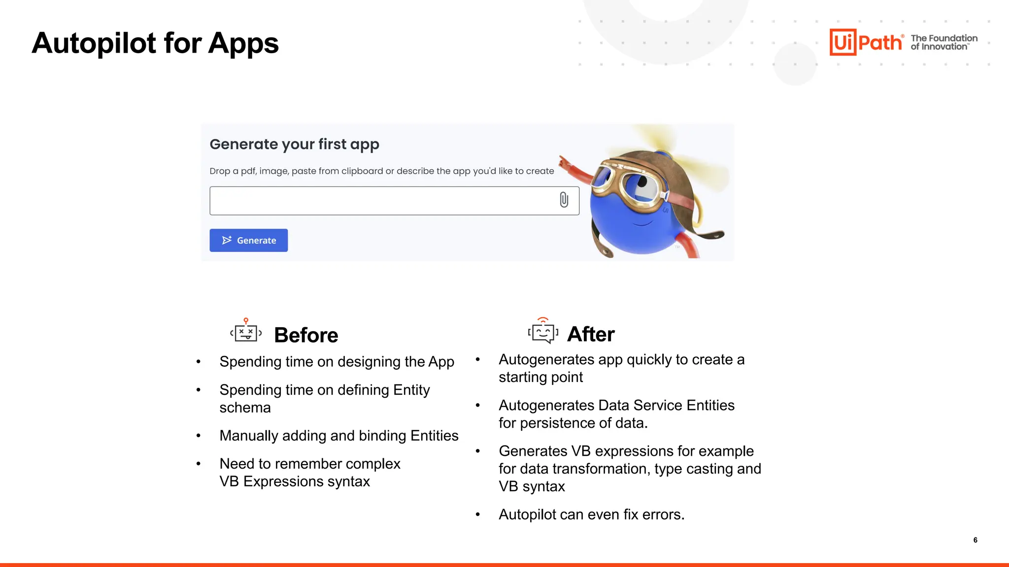6
Autopilot for Apps
Before After
• Spending time on designing the App
• Spending time on defining Entity
schema
• Manually adding and binding Entities
• Need to remember complex
VB Expressions syntax
• Autogenerates app quickly to create a
starting point
• Autogenerates Data Service Entities
for persistence of data.
• Generates VB expressions for example
for data transformation, type casting and
VB syntax
• Autopilot can even fix errors.
 