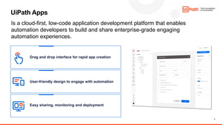 2
UiPath Apps
Is a cloud-first, low-code application development platform that enables
automation developers to build and share enterprise-grade engaging
automation experiences.
Drag and drop interface for rapid app creation
User-friendly design to engage with automation
Easy sharing, monitoring and deployment
 