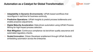 8
Automation as a Catalyst for Global Transformation
• Adaptability in Dynamic Environments: UiPath-based workflows that
reconfigure in real time for business continuity.
• Predictive Operations: UiPath Insights to predict process bottlenecks and
enable proactive adjustments.
• Digital Maturity Acceleration: Data-driven automation using UiPath Process
Mining for high-impact process selection.
• Risk Mitigation: Continuous compliance via bot-driven quality assurance and
automated regulatory checks.
• Scaled Innovation: Citizen Developer enablement through UiPath StudioX,
embedding automation across the enterprise.
 