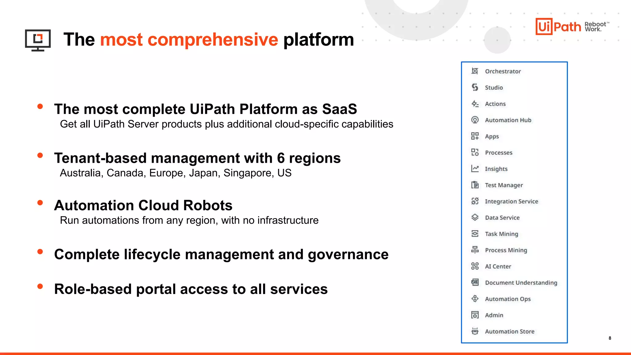 8
The most comprehensive platform
• The most complete UiPath Platform as SaaS
Get all UiPath Server products plus additional cloud-specific capabilities
• Tenant-based management with 6 regions
Australia, Canada, Europe, Japan, Singapore, US
• Automation Cloud Robots
Run automations from any region, with no infrastructure
• Complete lifecycle management and governance
• Role-based portal access to all services
 