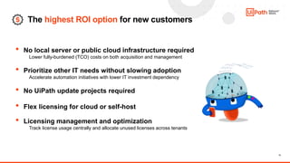 11
The highest ROI option for new customers
• No local server or public cloud infrastructure required
Lower fully-burdened (TCO) costs on both acquisition and management
• Prioritize other IT needs without slowing adoption
Accelerate automation initiatives with lower IT investment dependency
• No UiPath update projects required
• Flex licensing for cloud or self-host
• Licensing management and optimization
Track license usage centrally and allocate unused licenses across tenants
 
