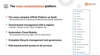 8
The most comprehensive platform
• The most complete UiPath Platform as SaaS
Get all UiPath Server products plus additional cloud-specific capabilities
• Tenant-based management with 6 regions
Australia, Canada, Europe, Japan, Singapore, US
• Automation Cloud Robots
Run automations from any region, with no infrastructure
• Complete lifecycle management and governance
• Role-based portal access to all services
 