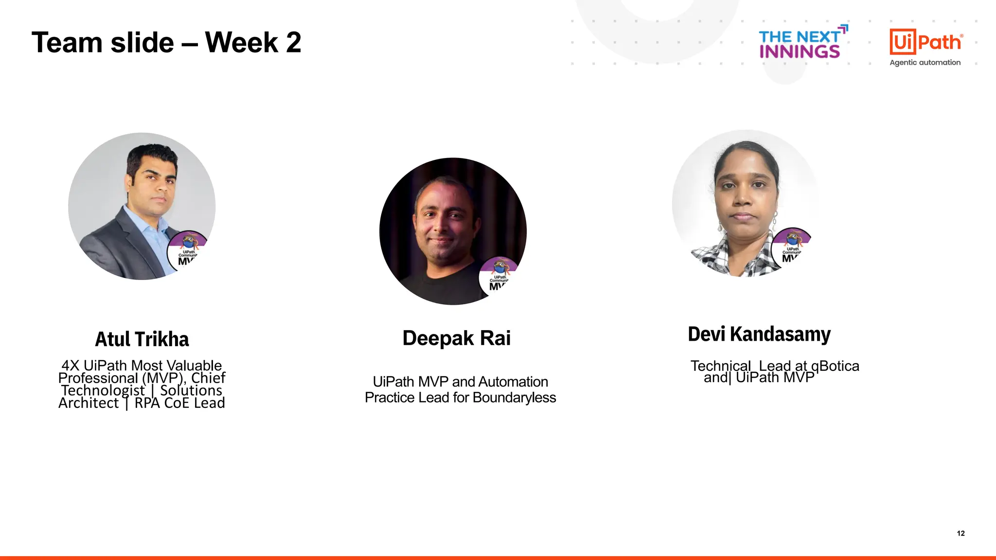 12
Atul Trikha
4X UiPath Most Valuable
Professional (MVP), Chief
Technologist | Solutions
Architect | RPA CoE Lead
Devi Kandasamy
RPA Technical Lead at qBotica
and| UiPath MVP
Team slide – Week 2
Deepak Rai
UiPath MVP and Automation
Practice Lead for Boundaryless
 