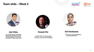 12
Atul Trikha
4X UiPath Most Valuable
Professional (MVP), Chief
Technologist | Solutions
Architect | RPA CoE Lead
Devi Kandasamy
RPA Technical Lead at qBotica
and| UiPath MVP
Team slide – Week 2
Deepak Rai
UiPath MVP and Automation
Practice Lead for Boundaryless
 