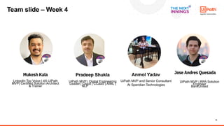 18
Mukesh Kala
LinkedIn Top Voice | 4X UiPath
MVP| Certified Solution Architect
& Trainer
Pradeep Shukla
UiPath MVP | Digital Engineering
Leader | Cloud | CCaaS | AIML |
NLP | Conversational AI
Jose Andres Quesada
UiPath MVP | RPA Solution
Engineer
BankUnited
Team slide – Week 4
Anmol Yadav
UiPath MVP and Senior Consultant
At Speridian Technologies
 