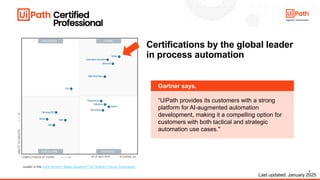 5
Certifications by the global leader
in process automation
Last updated: January 2025
Leader in the 2024 Gartner® Magic Quadrant for Robotic Process Automation
“UiPath provides its customers with a strong
platform for AI-augmented automation
development, making it a compelling option for
customers with both tactical and strategic
automation use cases."
Gartner says,
 