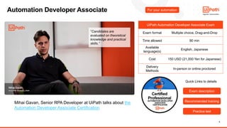6
Automation Developer Associate For your automation
UiPath Automation Developer Associate Exam
Exam format Multiple choice, Drag-and-Drop
Time allowed 90 min
Available
language(s)
English, Japanese
Cost 150 USD (21,000 Yen for Japanese)
Delivery
Methods
In-person or online proctored
Exam description
Exam description
Recommended training
Recommended training
Practice test
Practice test
Mihai Gavan, Senior RPA Developer at UiPath talks about the
Automation Developer Associate Certification
Quick Links to details
“Candidates are
evaluated on theoretical
knowledge and practical
skills.”
 