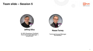 2
Mason Turvey
RPA Operational Excellence
Technical Account Manager
WonderBotz
Jeffrey Silva
Sr RPA Developer (Certified)
Associate Project Manager |
UiPath MVP
Team slide – Session 5
 