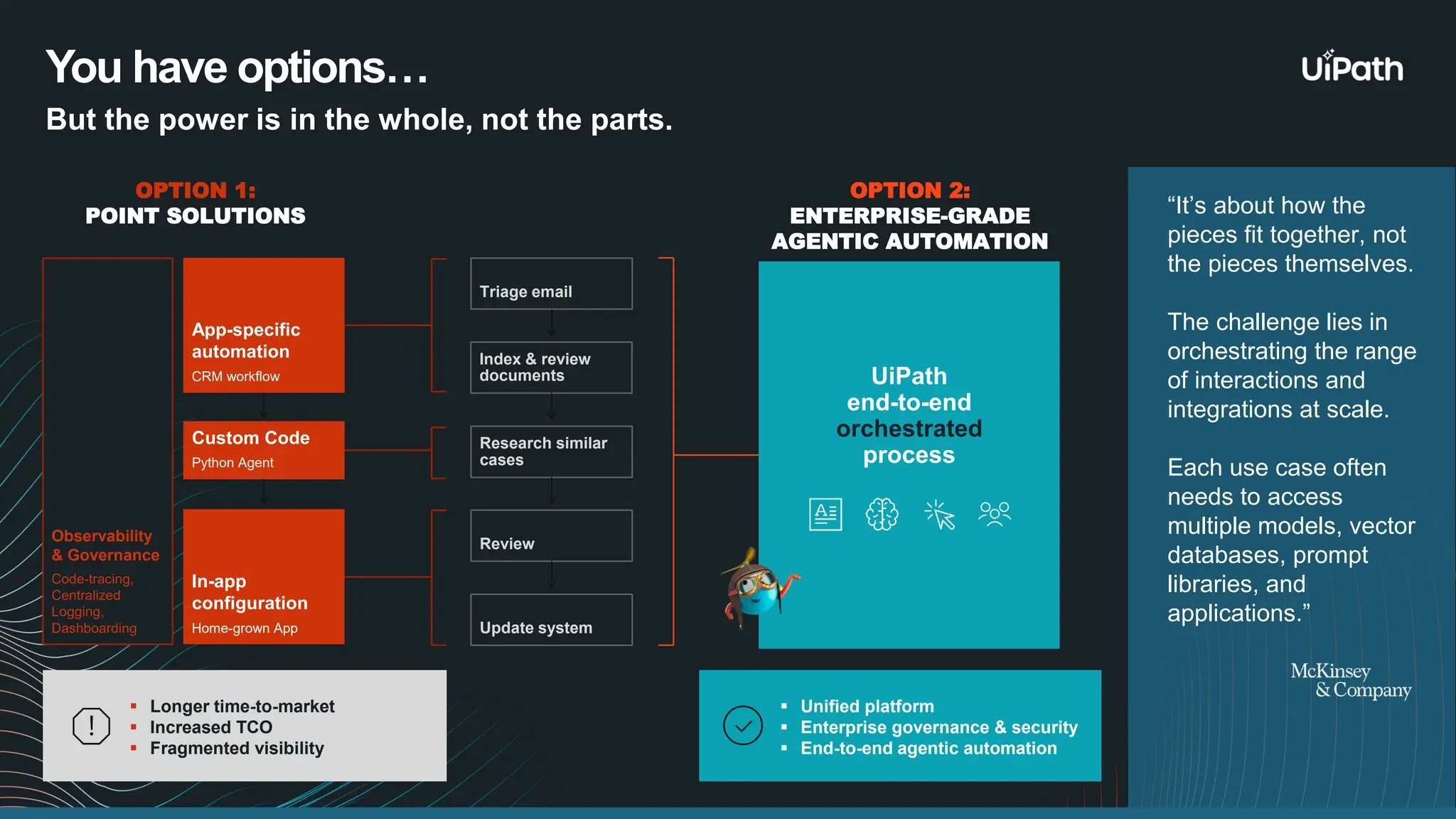 You have options… But the power is in the whole, not the parts. OPTION 1: POINT SOLUTIONS OPTION 2: ENTERPRISE-GRADE AGENTIC AUTOMATION ▪ Longer time-to-market ▪ Increased TCO ▪ Fragmented visibility App-specific automation CRM workflow Custom Code Python Agent In-app configuration Home-grown App ▪ Unified platform ▪ Enterprise governance & security ▪ End-to-end agentic automation Observability & Governance Code-tracing, Centralized Logging, Dashboarding Triage email Index & review documents Research similar cases Review Update system UiPath end-to-end orchestrated process “It’s about how the pieces fit together, not the pieces themselves. The challenge lies in orchestrating the range of interactions and integrations at scale. Each use case often needs to access multiple models, vector databases, prompt libraries, and applications.” 