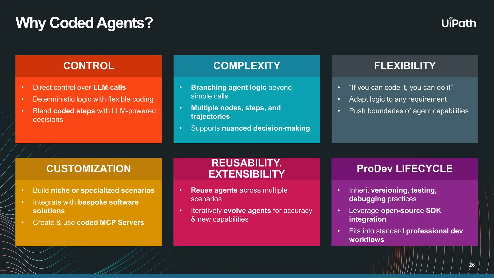 Why CodedAgents? 26 CONTROL • Direct control over LLM calls • Deterministic logic with flexible coding • Blend coded steps with LLM-powered decisions FLEXIBILITY • “If you can code it, you can do it” • Adapt logic to any requirement • Push boundaries of agent capabilities COMPLEXITY • Branching agent logic beyond simple calls • Multiple nodes, steps, and trajectories • Supports nuanced decision-making ProDev LIFECYCLE • Inherit versioning, testing, debugging practices • Leverage open-source SDK integration • Fits into standard professional dev workflows REUSABILITY. EXTENSIBILITY • Reuse agents across multiple scenarios • Iteratively evolve agents for accuracy & new capabilities CUSTOMIZATION • Build niche or specialized scenarios • Integrate with bespoke software solutions • Create & use coded MCP Servers 
