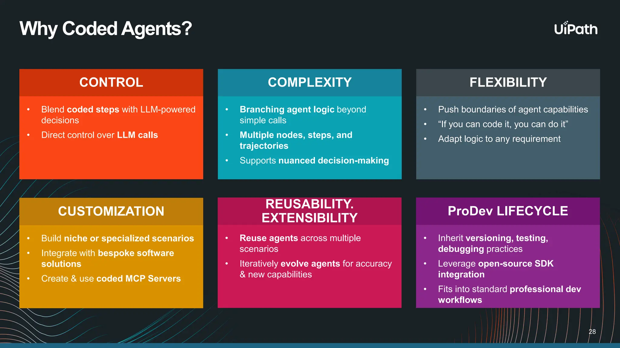 Why CodedAgents? 28 CONTROL • Blend coded steps with LLM-powered decisions • Direct control over LLM calls FLEXIBILITY • Push boundaries of agent capabilities • “If you can code it, you can do it” • Adapt logic to any requirement COMPLEXITY • Branching agent logic beyond simple calls • Multiple nodes, steps, and trajectories • Supports nuanced decision-making ProDev LIFECYCLE • Inherit versioning, testing, debugging practices • Leverage open-source SDK integration • Fits into standard professional dev workflows REUSABILITY. EXTENSIBILITY • Reuse agents across multiple scenarios • Iteratively evolve agents for accuracy & new capabilities CUSTOMIZATION • Build niche or specialized scenarios • Integrate with bespoke software solutions • Create & use coded MCP Servers 