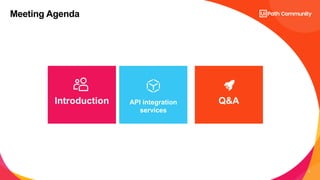 2
Introduction Q&A
Meeting Agenda
API integration
services
 