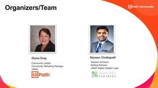 4
Solution Architect
Ashling Partners
UiPath Dallas Chapter Lead
Naveen Chatlapalli
Organizers/Team
Diana Gray
Community Leader
Community Marketing Manager
UiPath
 