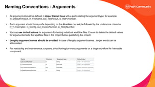 6
Naming Conventions - Arguments
• All arguments should be defined in Upper Camel Case with a prefix stating the argument type, for example
in_DefaultTimeout, in_FileName, out_TextResult, io_RetryNumber.
• Each argument should have prefix depending on the direction: in, out, io followed by the underscore character
("_"). Examples: in_Config, out_InvoiceNumber, io_RetryNumber.
• You can use default values for arguments for testing individual workflow files. Ensure to delete the default values
for arguments inside the workflow files in the project before publishing the project.
• Lengthy argument names should be avoided. In case of lengthy argument names , longer words can be
abbreviated.
• For readability and maintenance purposes, avoid having too many arguments for a single workflow file / reusable
component.
 