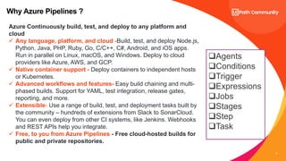 5
Why Azure Pipelines ?
Agents
Conditions
Trigger
Expressions
Jobs
Stages
Step
Task
Azure Continuously build, test, and deploy to any platform and
cloud
 Any language, platform, and cloud -Build, test, and deploy Node.js,
Python, Java, PHP, Ruby, Go, C/C++, C#, Android, and iOS apps.
Run in parallel on Linux, macOS, and Windows. Deploy to cloud
providers like Azure, AWS, and GCP.
 Native container support - Deploy containers to independent hosts
or Kubernetes.
 Advanced workflows and features- Easy build chaining and multi-
phased builds. Support for YAML, test integration, release gates,
reporting, and more.
 Extensible- Use a range of build, test, and deployment tasks built by
the community – hundreds of extensions from Slack to SonarCloud.
You can even deploy from other CI systems, like Jenkins. Webhooks
and REST APIs help you integrate.
 Free, to you from Azure Pipelines - Free cloud-hosted builds for
public and private repositories.
 