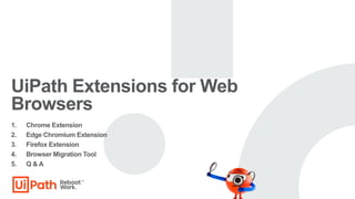 UiPath Extensions for Web
Browsers
1. Chrome Extension
2. Edge Chromium Extension
3. Firefox Extension
4. Browser Migration Tool
5. Q & A
 